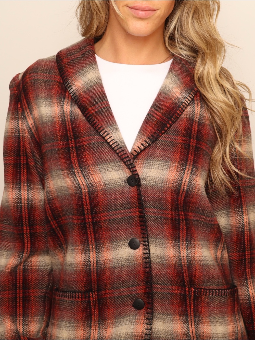 Vintage Plaid Wool Blend Blazer Jacket Shacket Rust Cream - Picture 3 of 4